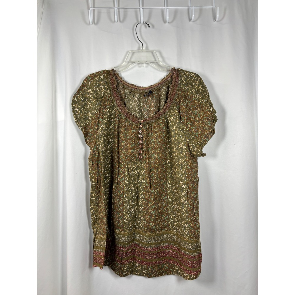 Faded Glory Womens XXL Olive Green Ditsy Floral Rayon Boho Crochet Trim Blouse
